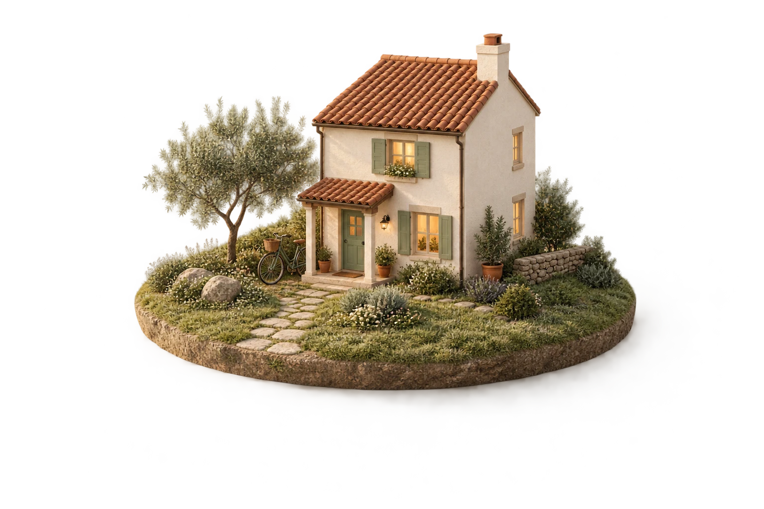 A miniature family home with warm windows, a bicycle, and a garden on a small island of earth.