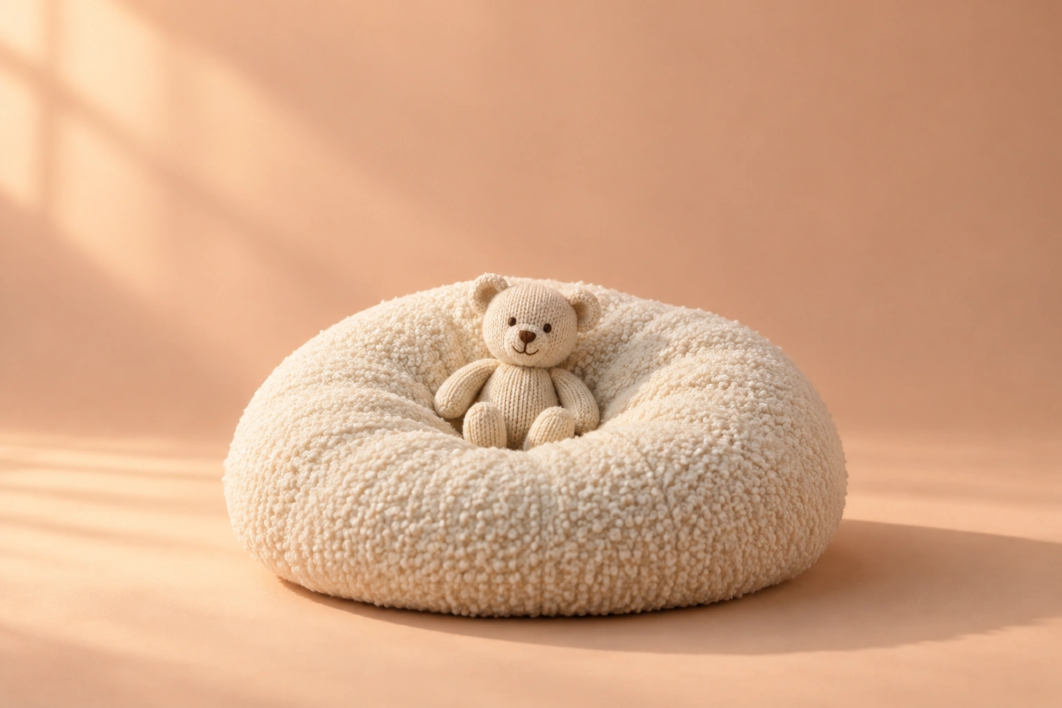 A small knitted teddy bear nestled in an ivory bouclé chair in warm sunlight.