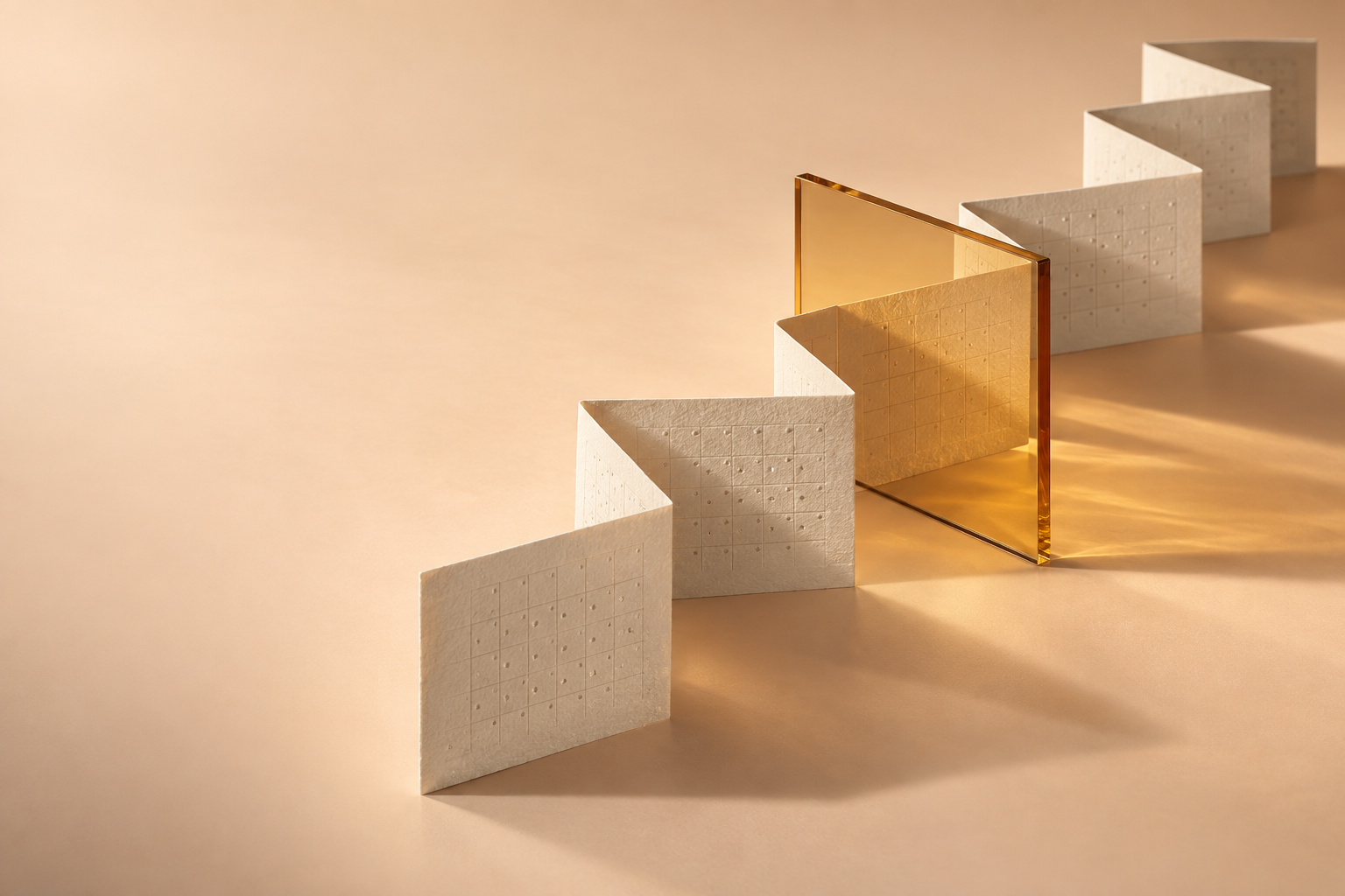 An unfolding ivory timeline passing through an amber glass panel in warm sunlight.