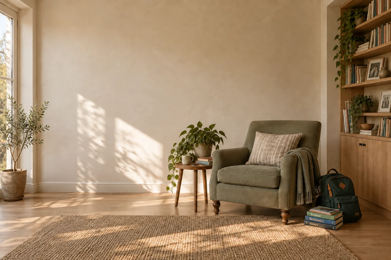 A sunlit reading corner with an armchair, books, and family photographs.